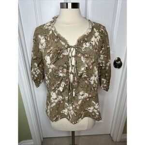 Denim & Supply Ralph Lauren Women's Floral Peasant Blouse Beige S Lace Up Neck